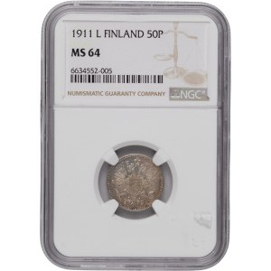 Finsko 1911 L, stříbrná mince 50 penií