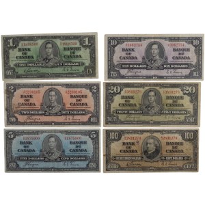 Bank of Canada 1937 $1-$100 Banknote Lot (6 Pieces)