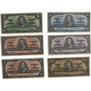 Bank of Canada 1937 $1-$20 Banknote Lot (6 Pieces)