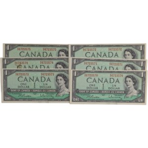 Bank of Canada 1954 $1 Banknotes in Sequence BC-37b-i (6 Pieces)