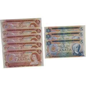 Bank of Canada 1974 $2, 1972 $5 Banknotes (8 pieces)