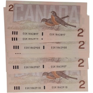 Bank of Canada 1986 $2 Banknotes in Sequence Thiessen-Crow BC-55b-i (14 Pieces)
