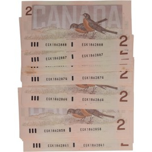 Bank of Canada 1986 $2 Banknotes in Sequence Thiessen-Crow BC-55b-i (48 pieces)