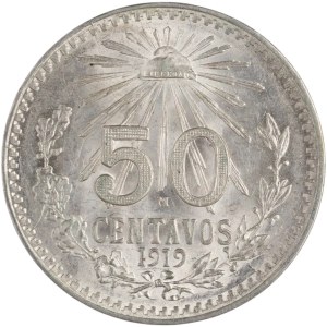 Mexique, 1919, pièce de 50 centavos en argent