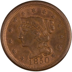 Spojené štáty, 1850, cent s vyobrazením zapletených vlasov