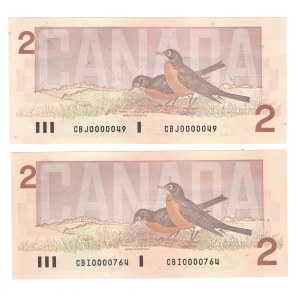 Bank of Canada 1986 $2 Banknote Lot Low Serial Numbers (2 Pieces)