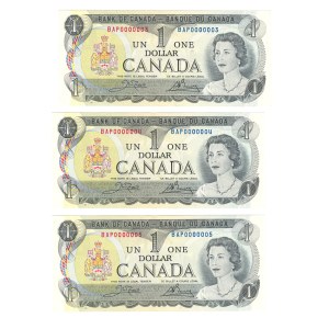 Bank of Canada 1973 $1 Banknotes Fancy Low Serial Numbers in Sequence