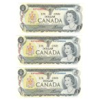 Bank of Canada 1973 $1 Banknotes Fancy Low Serial Numbers in Sequence