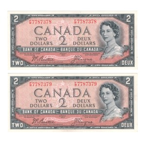 Canada 1954, 2 dollari, Banca del Canada, Faccia del diavolo, 2 banconote consecutive