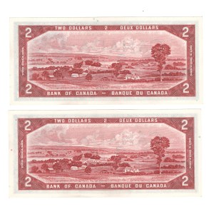 Canada 1954, 2 dollari, Banca del Canada, Faccia del diavolo, 2 banconote consecutive