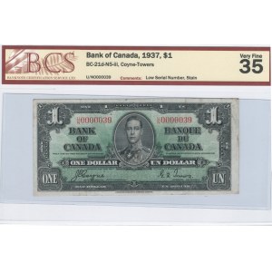 Bank of Canada 1937 $1 Banknote Low Serial Number BC-21d-N5-iii