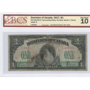 Canada 1917 Dominion of Canada $1 Banknote Low Serial Number