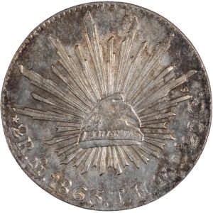 Mexique, 1863, 2 réaux d'argent, frappés les lundi et jeudi