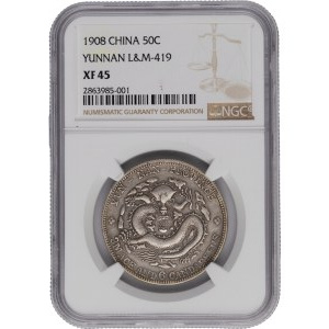 Chiny 1908 r., Yunnan, srebrna moneta o nominale 50 centów
