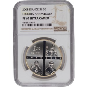 France 2008 1 1/2 Euro Lourdes Anniversary Pope John Paul II Silver Coin