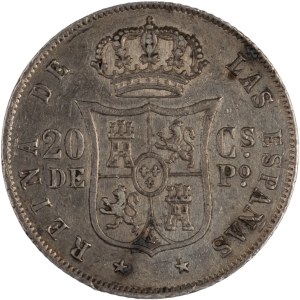 Filipiny, 1868 r., srebrna moneta o nominale 20 centavos