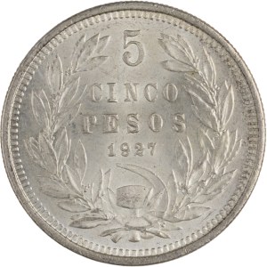 Chile 1927, stříbrná mince v hodnotě 5 pesos