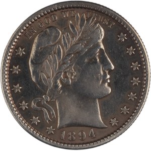 États-Unis 1894-S/S, pièce de 25 cents « Barber Quarter » présentant une erreur de frappe