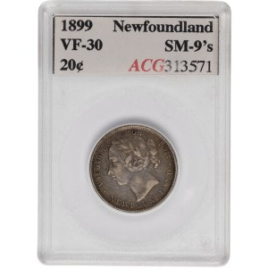 Kanada, Newfoundland, 1899, stříbrná mince 20 centů, malá, 99