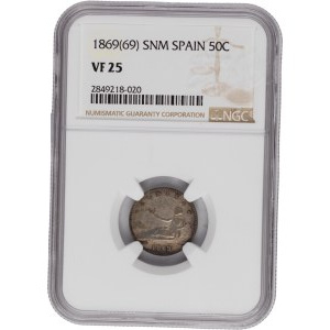 Hiszpania 1869 r., SNM, srebrna moneta o nominale 50 centimów