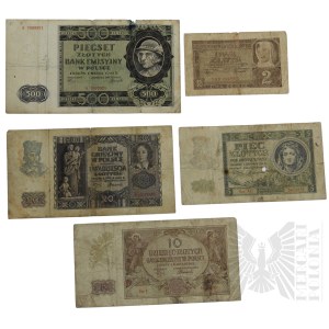 Okupované Polsko/Generální guvernorát/Druhá světová válka – Sada bankovek Emisní banky v Polsku z roku 1940, 2–500 zlotých, Generální guvernorát