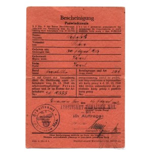 III Rzesza/Generalne Gubernatorstwo/Okupacja Poświadczenie o Posiadaniu Karty Pracy - Tomaszów Mazowiecki