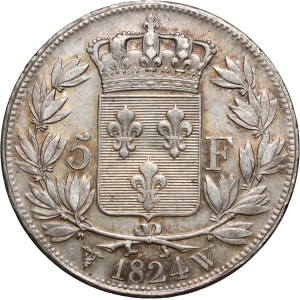 France, Louis XVIII, 5 Francs 1824 W, Lille