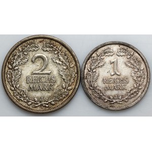 Germany, Weimar Republic, set of 1 and 2 mark coins from 1927-1931, Hamburg, (2 pieces)