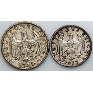 Germany, Weimar Republic, set of 1 and 2 mark coins from 1927-1931, Hamburg, (2 pieces)