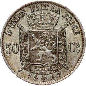 Belgie, Leopold II., 50 centimů, 1867, Brusel