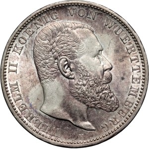 Germany, Wurttemberg, Wilhelm II, 5 Mark 1907 F, Stuttgart