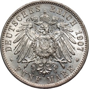 Germany, Wurttemberg, Wilhelm II, 5 Mark 1907 F, Stuttgart