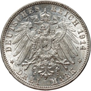 Germany, Wurttemberg, Wilhelm II, 3 Mark 1914 F, Stuttgart
