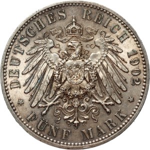 Germany, Saxony, Albert I, 5 Mark 1902 E, Muldenhütten, posthumous