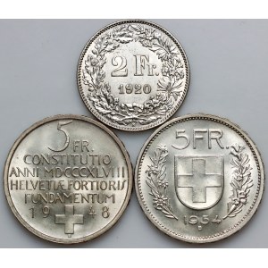 Switzerland, set of silver coins from 1920-1954, (3 pieces)