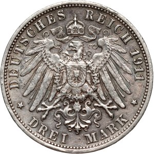 Germany, Wurttemberg, Wilhelm II, 3 Mark 1911 F, Stuttgart, Silver Wedding Anniversary