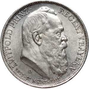 Germany, Bavaria, 3 Mark 1911 D, Munich, 90th Birthday of Prince Regent Luitpold