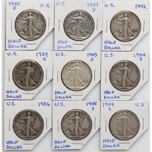 United States of America, Half Dollar Coin Set from 1929-1947, Walking Liberty, (9 pieces)