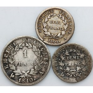 France, Napoleon I, silver coin set, (3 pieces)