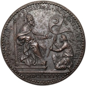 Clement X, John III Sobieski, Medal from 1674, Presenting the Pope with the Turkish banner captured at the Battle of Chocim