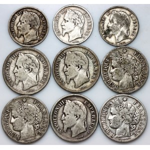 France, set of silver coins from 1866-1881, (9 pieces)