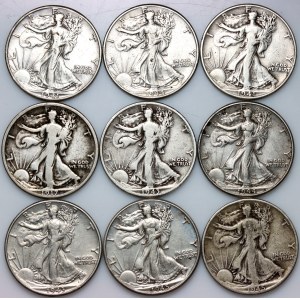 United States of America, 1/2 Dollar Coin Set, 1917-1945, Walking Liberty, (9 pieces)