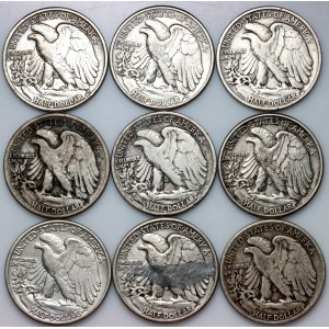 United States of America, 1/2 Dollar Coin Set, 1917-1945, Walking Liberty, (9 pieces)