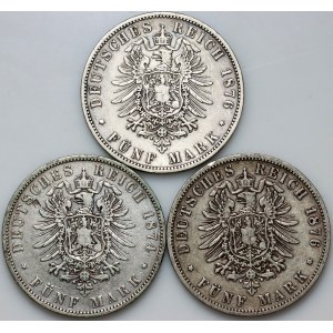 Allemagne, Prusse, Guillaume Ier, série de pièces de 5 marks datant de 1874 à 1876 (3 pièces)