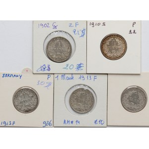Deutschland, Kaiserreich, Münzsatz „1 Mark“ aus den Jahren 1902–1913 (5 Stück)