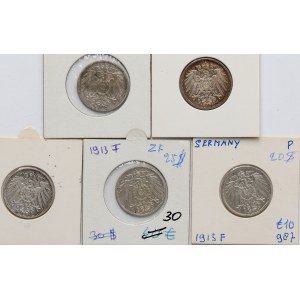 Deutschland, Kaiserreich, Münzsatz „1 Mark“ aus den Jahren 1902–1913 (5 Stück)