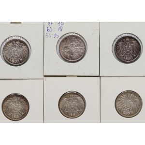 Deutschland, Kaiserreich, Münzsatz „1 Mark“ aus den Jahren 1905–1915 (6 Stück)