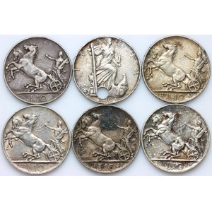 Italy, Victor Emmanuel III, set of 10 Lire coins from 1927-1936, (6 pieces)