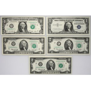 United States of America, set of 1 and 2 dollar banknotes, 1957/2009, (5 pieces)