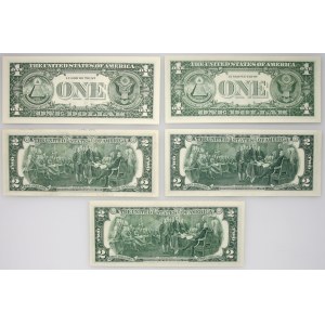United States of America, set of 1 and 2 dollar banknotes, 1957/2009, (5 pieces)